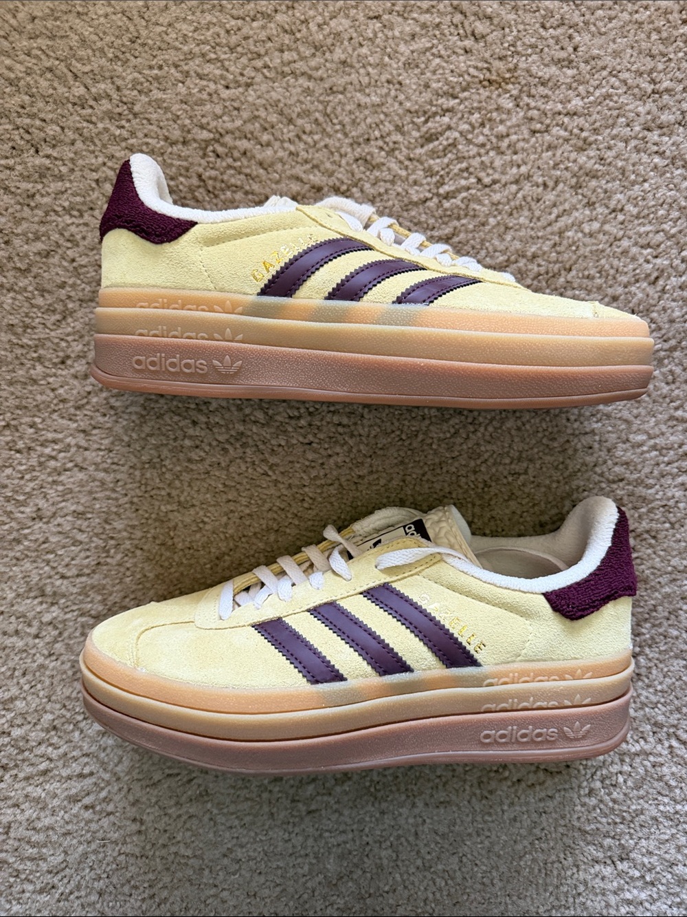 adidas Gazelle Bold Pale Yellow Suede Sneakers with Burgundy Stripes